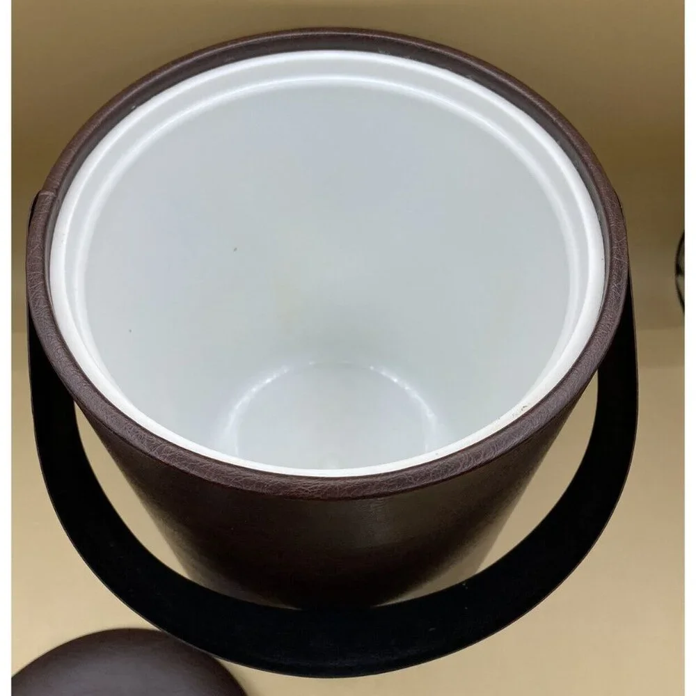 Vintage MCM Ice Bucket Brown Leather Vinyl With Handle And Bar Tools Mid Century